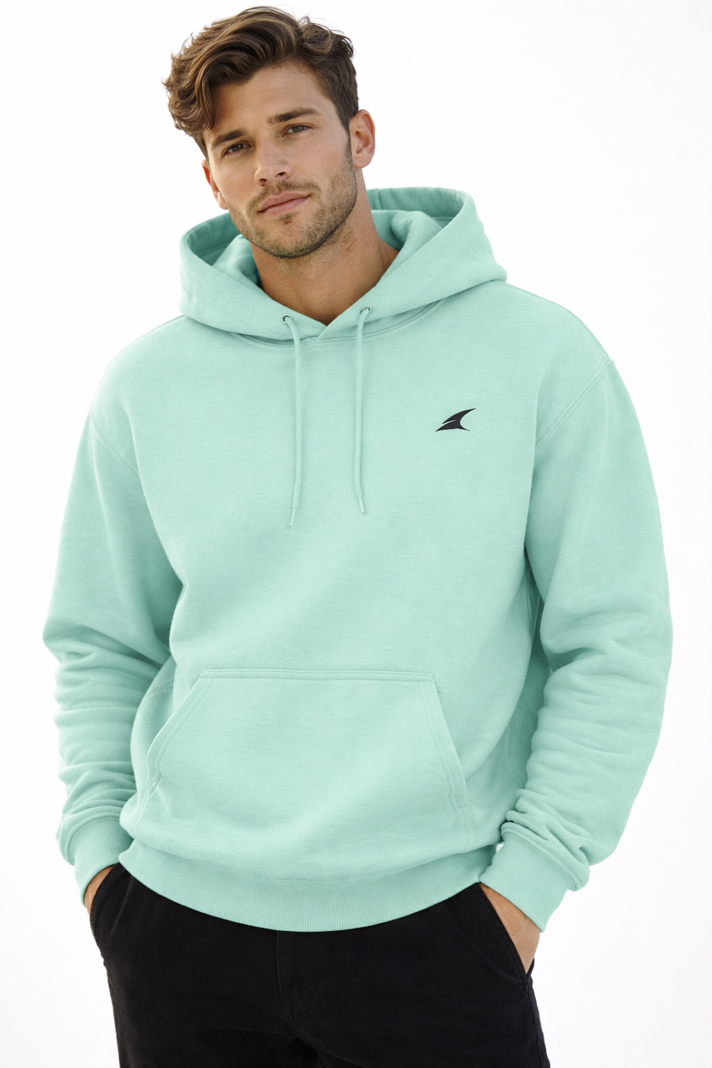 Man wearing a light blue hoodie with a brand logo on a white background
