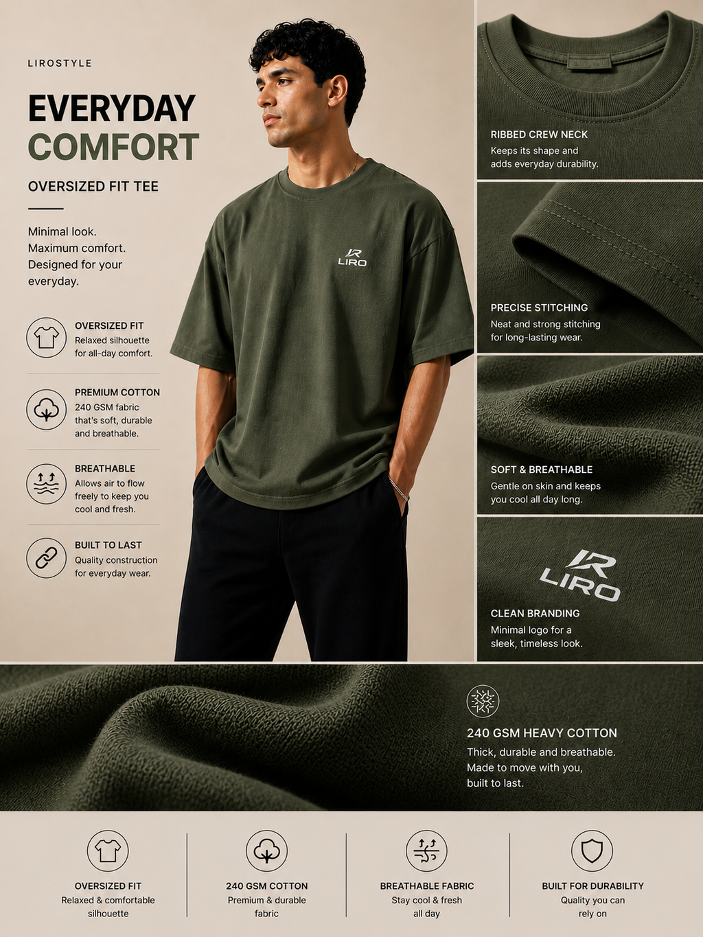 LIROSTYLE Oversized Gym Tee – Heavyweight 240 GSM Cotton