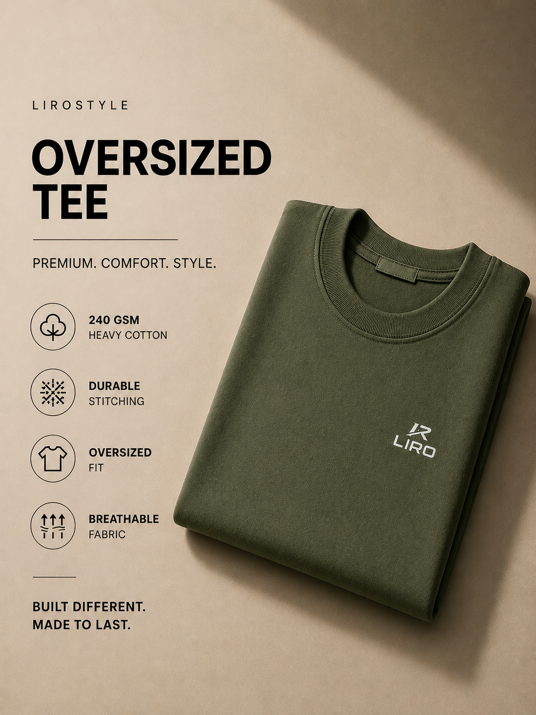 LIROSTYLE Oversized Gym Tee – Heavyweight 240 GSM Cotton