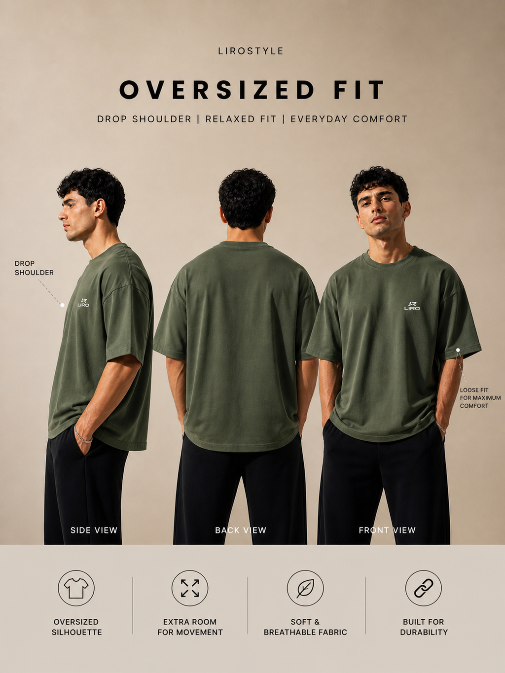 LIROSTYLE Oversized Gym Tee – Heavyweight 240 GSM Cotton