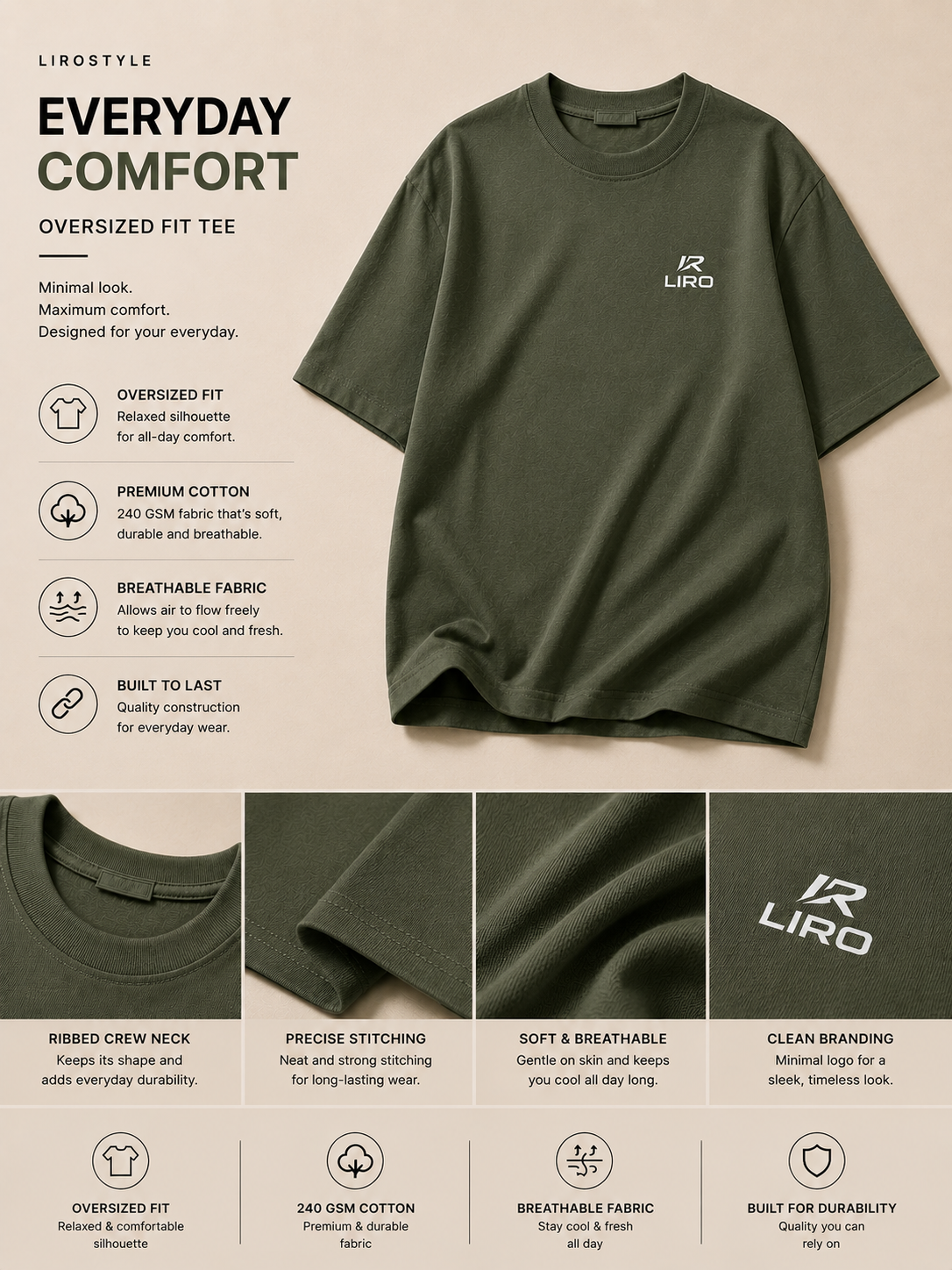 LIROSTYLE Oversized Gym Tee – Heavyweight 240 GSM Cotton