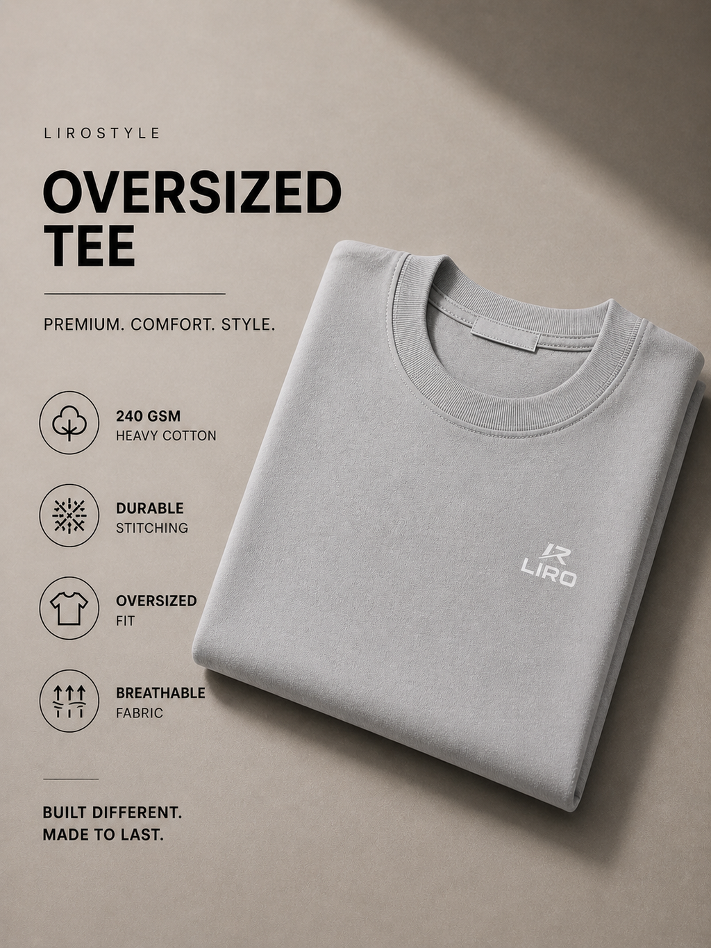 LIROSTYLE Oversized Gym Tee – Heavyweight 240 GSM Cotton