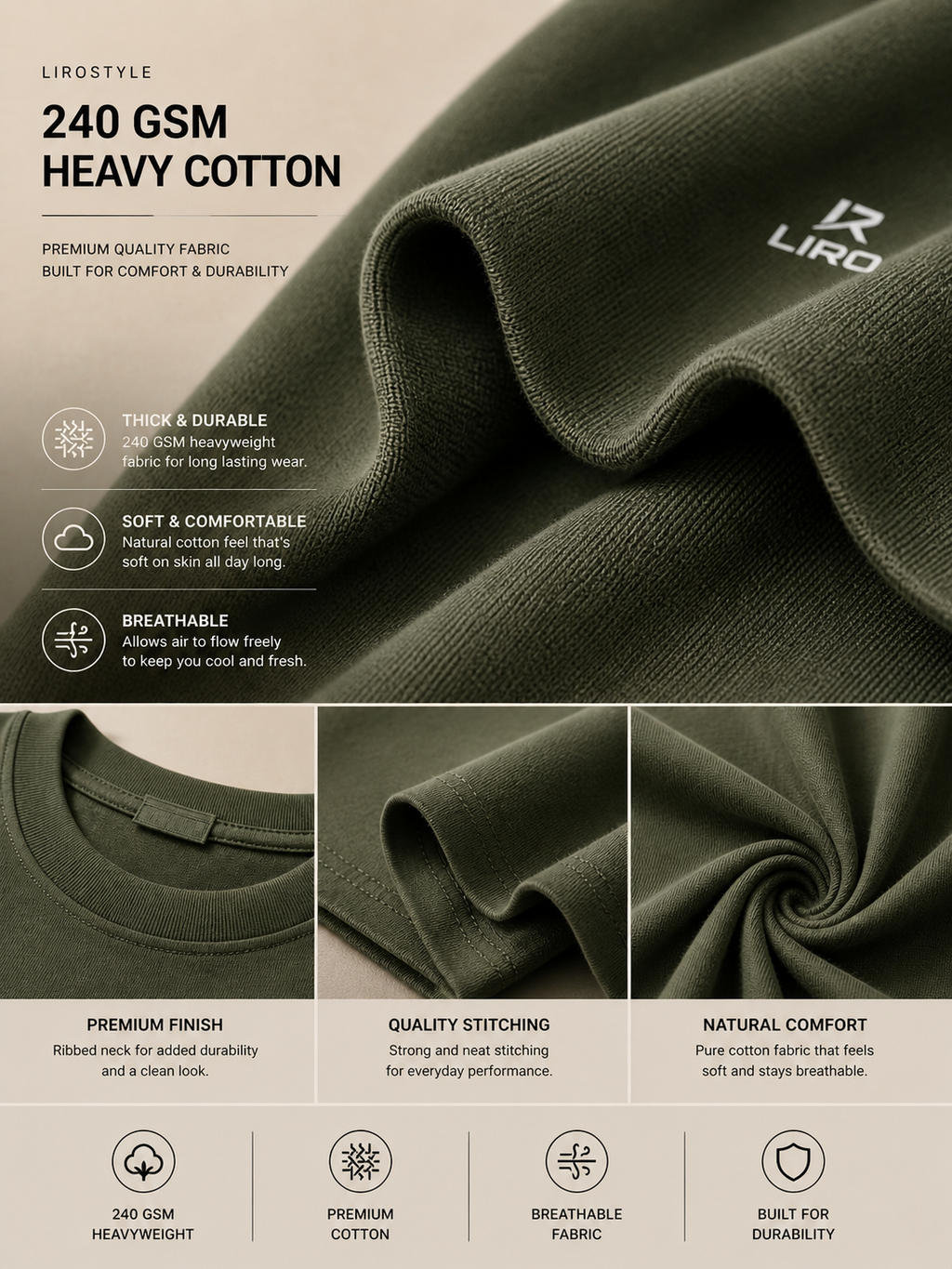 LIROSTYLE Oversized Gym Tee – Heavyweight 240 GSM Cotton